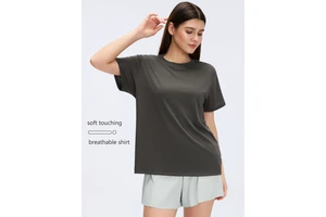 Round-neck Sports Short-sleeved Women's Summer Solid Color Soft Running and Fitness Top, Casual Loose Breathable Yoga Wear