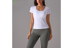 Custom logo Seamless Breathable Girls Round Neck Skinny Women thread Short Sleeved T Shirt Gym Fitness Top Woman Yoga Top