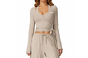 One-Shoulder Tie-Detail Yoga Top Long Sleeves Lightweight Brushed Fabric Solid Soft Loose Workout Sports Wear for Outdoor