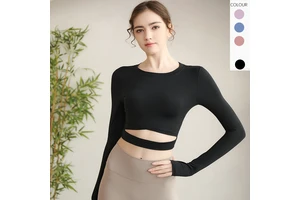 Women's Tight Sports Training Yoga Tops Round Neck Thermal Long Sleeve Belly Hollow Out Shirt With Thumb Hole Cropped Top
