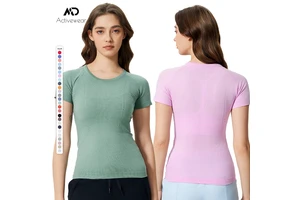 Hot Custom Women Slim Fit Short Sleeve Gym T Shirt Yoga Top Round Neck Quick Dry Sports T- Shirts Horse Riding Seamless Tee