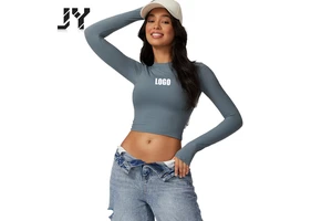 JY Custom LOGO Women's Spandex/Nylon Knit Tight Sports T-Shirt Quick-Drying Yoga Pilates Running Fitness Long-Sleeved Top