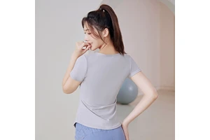 Women Yoga Top Short Sleeve V Neck Waist Pleated Soft Fabric Yoga Gym Training Sports Shirt