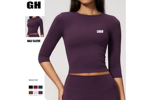 GH New Style Outdoor Workout Clothes Outfits Running Gym Sports Crew Neck T Shirt Women Curved Half Sleeved Yoga Tops