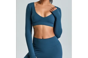 Wholesale Womens Breathable Slim Fit Thumb Hole Long Sleeve Deep V Neck Design Padded Crop Top Gym Fitness Yoga Top