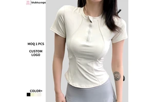 Women's Lule Style Half-Zip Yoga Top, Quick Dry Stretchy Slim Fit Short Sleeve Workout Tee with Stand Collar for Fitness