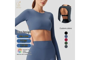 Women's Breathable Built-in Sexy Backless Bra Cutout Crop Shirt Slim Fit Sports Nude Tight Solid Long Sleeve Yoga Top for Gym