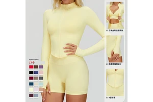 European American Stand Collar Zipper Long-sleeved Yoga Jacket Women's Tight Quick-drying Seamless Knitting Spandex/Nylon Solid