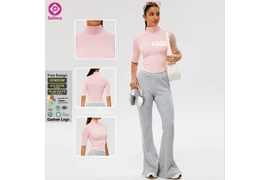 Custom logo Women New High Neck Half Sleeve Yoga Top Skinny Running Sports Top Solid Color Quick Drying Yoga Fitness T Shirt