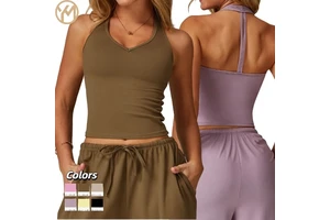 Yimo Women Sanded V Neck Sleeveless Golf Shirt Female Beauty Back Gather Yoga Top Lady Halter Shockproof Running Vest