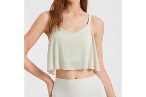 Wholesale Women's Cross Back Mesh Yoga Tank Top Ruffle Hem V-Neck Workout Cami Loose Fit Activewear Breathable Yoga Top OEM ODM