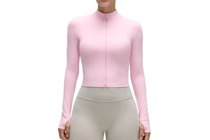 Custom Cloud Soft Cropped Yoga Jacket Stand Collar Full Zip Thumbholes Pockets Weightless Women Gym Activewear Track Top Coat