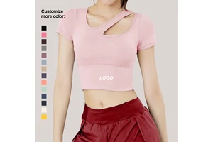 Custom Logo Lightweight Breathable Quick Dry Sloping Shoulder Yoga Top bar Sports Fitness T-shirt Short Sleeve for Running Yoga