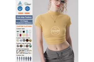 Custom Summer Spring Women's Elegant Crop Top Padded High-Neck Slim-Fit Short-Sleeves Low MOQ Factory Direct Women's Clothing