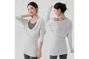 Women's Ribbed Long Sleeve Yoga Top Deep U Neck Cross Back Tunic Shirt High Stretch Casual Workout Pullover for Gym