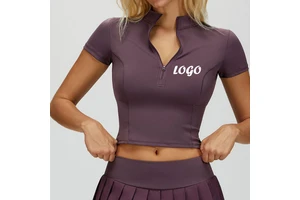 New Spandex Nylon Stretchy Short Sleeve Gym Tshirts Custom Logo Half Zip Slim Fit Breathable Running Sports Yoga Crop Top