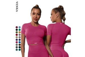 Women Fitness Sportswear Nylon Spandex Breathable Round Neck Short Sleeve Shirt Slim Fit Crop Top Gym Workout Yoga T Shirt