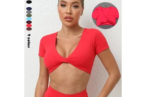 High-Strength Shockproof and Quick-Drying Short-Sleeved V-Neck Sports Top for Running and Yoga Tight-Fitting Yoga Top