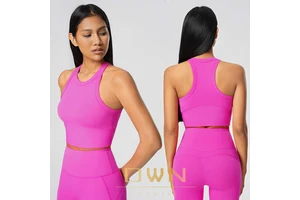 Women's Elastic Sports Vest with Round-Neck Skin-Tight Fit Shockproof One-Piece Bra Pads Fitness & Yoga Wear Top