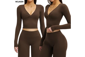 Women's Spring V-neck Tshirt Yoga Pilates Long-sleeved Sweat-Wicking Tight-fitting Sports Yoga Gym Fitness Top With Chest Pad