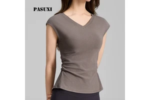 PASUXI Breathable Four-Way Stretch Lightweight V-Neck Ruched Yoga Top Loose Fit Short Sleeve Gym T-Shirt Women Performance