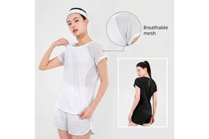 Women Athletic T-shirt Loose-fit Mesh Breathable Casual Quick-drying Short-sleeve Running Yoga Top Thin for Summer Sports Wear