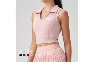 OEM Custom Women's Yoga Gym Tennis Quick Dry Sleeveless Racerback Crop Top Collared V-Neck Tank Tops with Built-in Fixed Pads