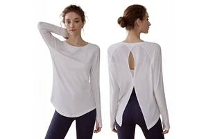 Women's Long Sleeve Stretchy Curved Hem Athletic Workout Top Back Keyhole Cutout and Breathable Mesh Oga, Gym, and Running Shirt