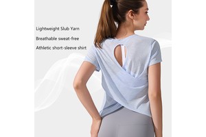 Slub Yarn Women's Sports Top Breathable Running Short-sleeved Pilates Gym Training Round Neck Cover-up Yoga T-shirt Summer