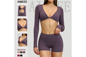 Sports Fitness Yoga Long Sleeve Brushed V-neck Crop Top Active Wear Yoga Tops Gym Shirts