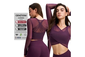 Long Sleeve Mesh Top for Women V Neck Slim Fit 4 Way Stretch Moisture Wicking Nylon Spandex Running Fall Winter Wholesale