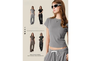 Women's 2025 Summer European-Style Regular-Shoulder Short Sleeve Slimming Round-Neck Cotton & Rayon No-Iron Treatment T-Shirt