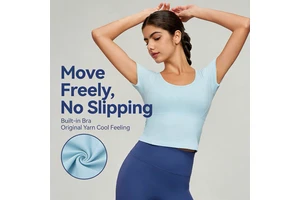 JCX New Casual Sports Top Women's Tight Waist Slimming Fitness Sexy Yoga Breathable Four-Way Stretch Quick Dry Short Sleeve