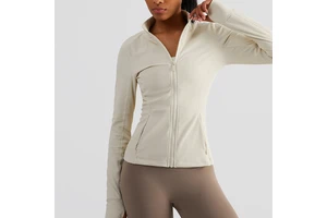 Women's Waist Shrinking Slim Sports Long Sleeve Stand Collar Tight Full Zip With Pocket Fitness Yoga Long Sleeve