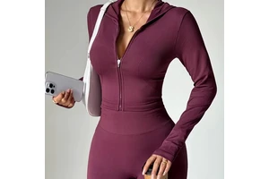 Seamless Look Eco-Friendly Casual Solid Long Sleeve Drawstring Closure Flared Activewear Set | Buttery-Soft High-Stretch Fabric