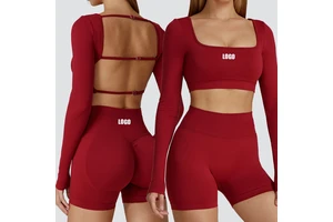 Women's Gym Yoga Solid 2-Piece Set Breathable Push-up Crew Neck Backless Quick-Dry Elastic Waist Lightweight Spandex/Nylon