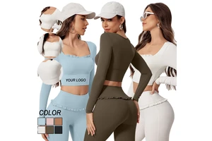 Quick-Drying Long-Sleeved Fitness Sports Tops Breathable Yoga and Running Gear with Square-Neck Tight and Chest Pads