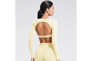Women Hollow Back Yoga Crop Top Long Sleeve Breathable Tight Fit Padded Workout Fitness Training Activewear