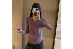 Soft Breathable Neck Long Sleeve Yoga Top For Women Tummy Control Four-way Stretch Workout Shirt Gym Fitness