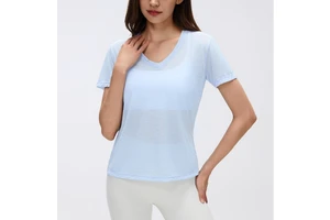 Women Summer V-neck Solid Lightweight Semi-transparent Tshirt Short Sleeve Breathable Quick Dry Sport Fitness Yoga Running Shirt