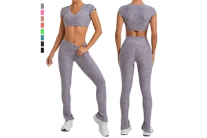 Women's Solid Breathable Activewear V Neck Short Sleeve Gym Crop Top Elastic High Waist Scrunch Butt Yoga Leggings Quick Dry
