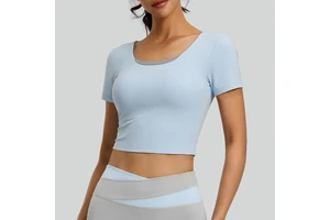 Women's Seamless Breathable Spandex/Polyester Workout Top with Chest Pads Short Sleeve Yoga Fitness