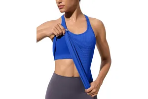 Yoga Workout Tank Tops for Women with Built-in Bra Seamless V-Neck Spandex/Nylon Solid Fitness Shirts