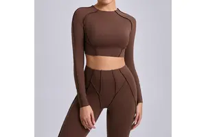2026 Women's Quick-Drying Long-Sleeved Fitness Top Blouse Solid Color Yoga Suit Outdoor Running Elastic Waist Front Shorts