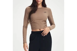 Four Way Stretch Sweat Wicking Nylon Spandex Buttery Soft Ribbed Round Neck Cropped Ruched Long Sleeve Yoga Shirts Fitness Wear