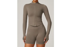 Stand Collar Custom Logo Long Sleeve Sexy Zip up Seamless Gym Workout Women Yoga Sports Top With Finger Holes