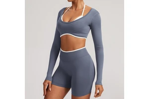 Seamless Quick Dry for Two Piece Nine Quarter Sleeve Yoga Top with Front Logo for Women Running Fitness and Sports