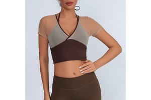 Custom Yoga Deep V-neck Top Activewear Training Gym Mesh Splicing Fitness Quick-drying Women's T-shirts Gym Top