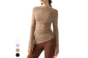 Drawstring Pleats Waist Shirt Lightweight Slim Mesh Long Sleeve Running Workout Tops Fitness Yoga Top Sports Blouse for Women