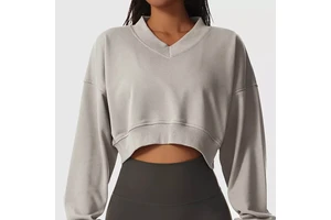 Oversized V Neck Design Crop Top Long Sleeves Sports Wear Women Yoga Top Terry Fabric Gym Fitness Sweatshirt for Custom logo